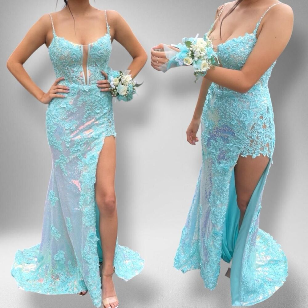 Sherri Hill 55059 Turquoise Lace Mermaid Prom Dress w Floral Appliqués – Size 4